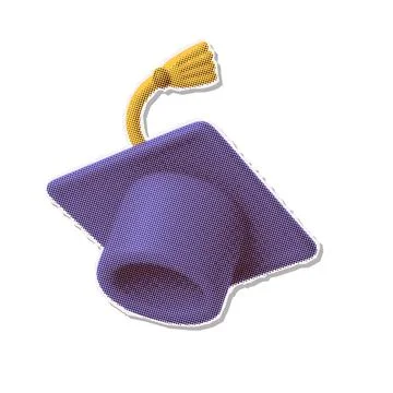Graduate single sticker. Halftone effect student hand, cap in sky. Education Stock Illustration