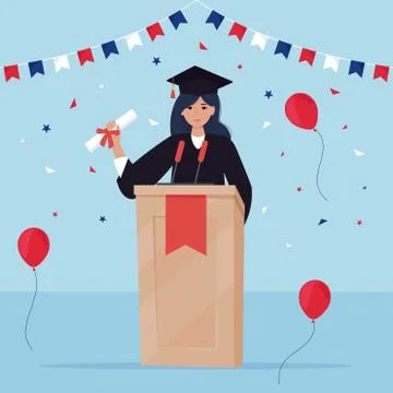 Graduate student in mantle holding a diploma and giving speech on podium Stock Illustration