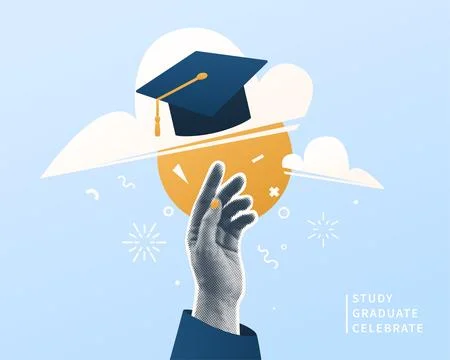 Graduate vector illustration background. Halftone effect student hand, cap in Stock Illustration