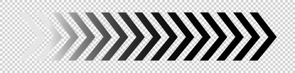 Graduated black chevron arrow sequence fading out on transparent backdrop Stock Illustration