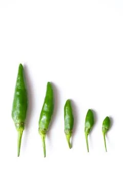 Graduated size sequence of fresh green bird's eye chilies or cabe rawit hijau Stock Photos