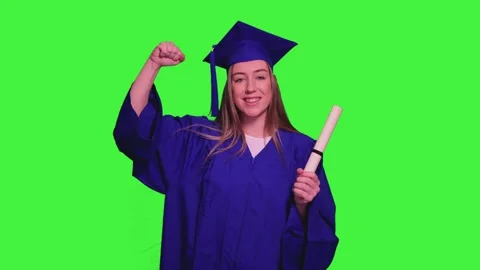 Graduated student flexing biceps with diploma on green screen Stock Footage 302401482