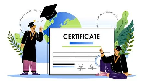 Graduated students with certificate. Two men in graduation hats near diploma Stock Illustration