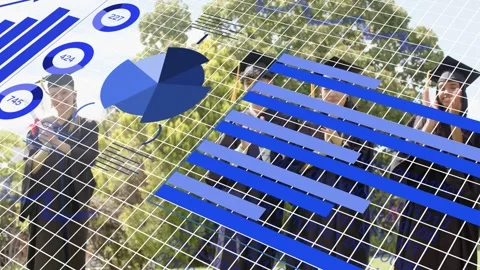 Graduates posing on lawn, 3D overlay emerging, animating pie, bars, grid, Stock Footage 333894088