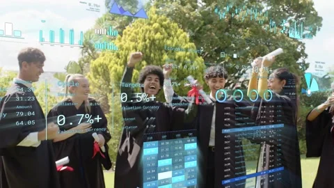 Graduates raising arms and throwing caps, celebrating graduation with data Stock Footage 333610089