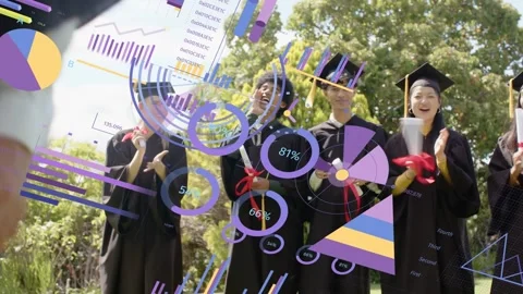 Graduates stepping forward, tossing caps while animated charts showing diplomas Stock Footage 333301224