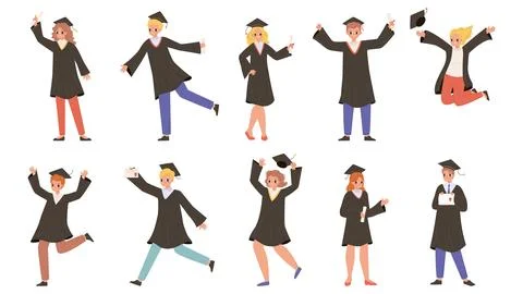 Graduating characters, beautiful students get diploma. Graduate teenagers Illustrazione stock