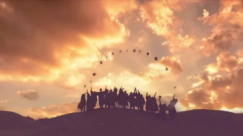 Graduating class throwing up hats at sunset Cinemagraph time lapse Stock Footage 137178237