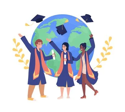 Graduation abroad flat concept vector cartoon illustration Stock Illustration