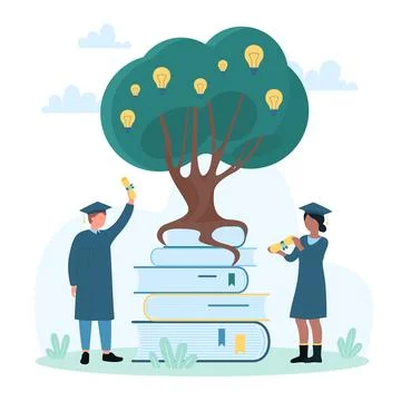 Graduation and knowledge growth of tiny people graduates with diploma, gowns and Illustration