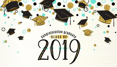Graduation background class of 2019 with graduate cap, black and gold color Stock Illustration