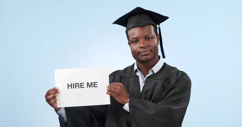 Graduation, black man and portrait with poster for job search and shrug for Vidéo 252132761
