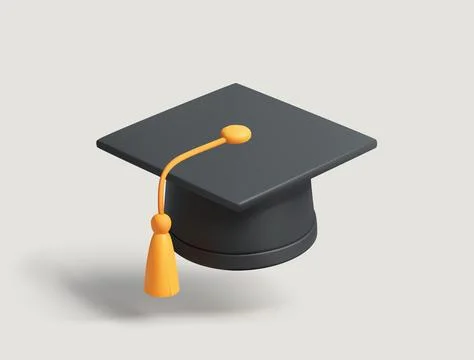 Graduation Cap 3D Icon. Black Mortarboard with Yellow Tassel isolated 3d vect Stock Illustration