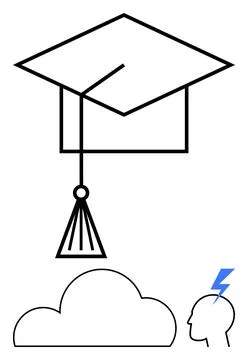 Graduation cap above a cloud and a human head with a lightning bolt. Ideal fo Illustrazione stock