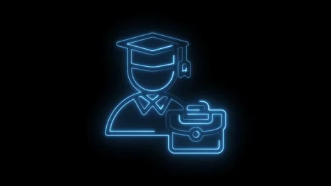 Graduation cap and briefcase neon outline glowing blue on black background Stock Footage 333959364
