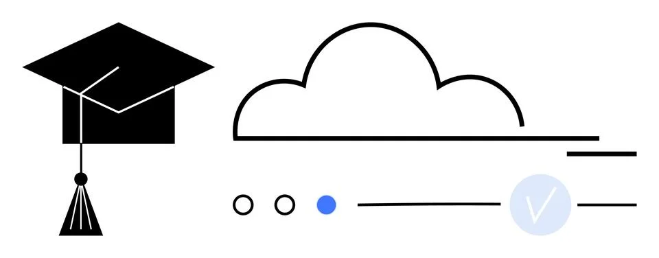Graduation cap and cloud with progress circles, checkmark icon, and lines rep Illustrazione stock