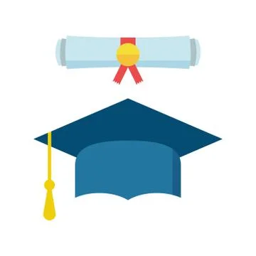 Graduation cap and diploma scroll icon vector illustration in flat style. Fin Stock Illustration