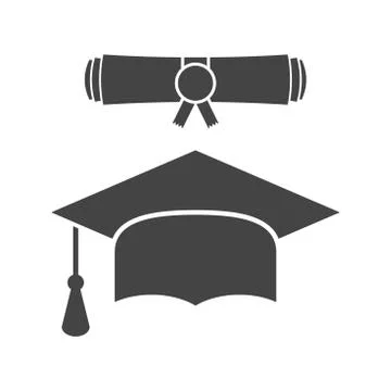Graduation cap and diploma scroll icon vector illustration in flat style. Fin 스톡 일러스트