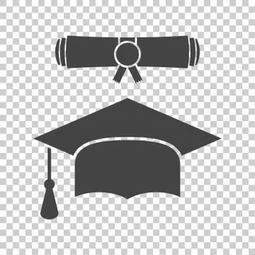 Graduation cap and diploma scroll icon vector illustration in flat style. Fin Stock Illustration