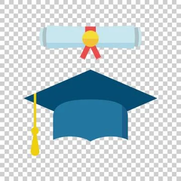 Graduation cap and diploma scroll icon vector illustration in flat style. Fin Stock Illustration