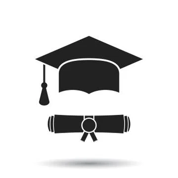 Graduation cap and diploma scroll icon vector illustration in flat style. Fin Illustrazione stock