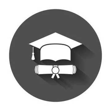 Graduation cap and diploma scroll icon vector illustration in flat style. Fin Illustrazione stock