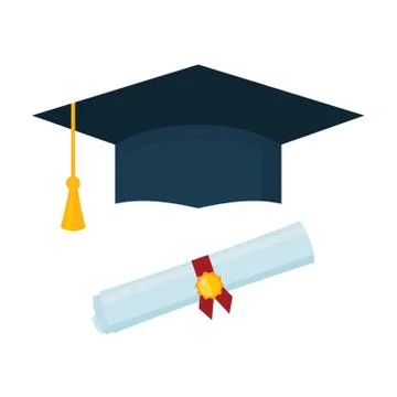 Graduation cap and diploma scroll on white background. Stock Illustration