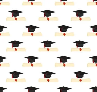 Graduation cap and diploma scroll seamless background. Higher education celeb Stock Illustration
