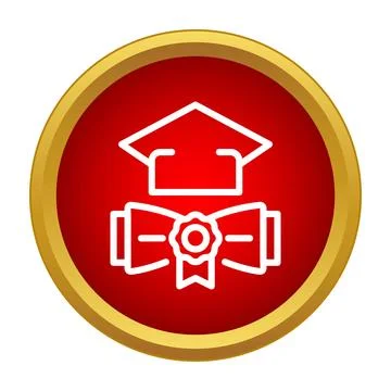 Graduation cap and diploma scroll icon red gold Stock Illustration