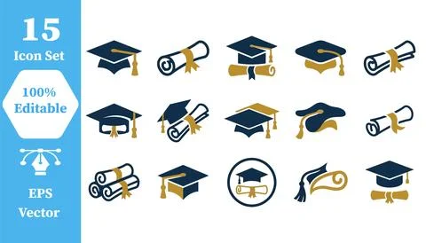 Graduation cap and diploma scroll icon collection for academic achievement Stock Illustration