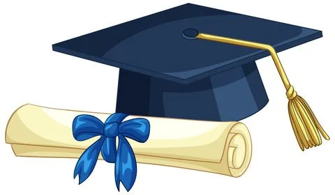 Graduation Cap and Diploma Scroll with Blue Ribbon Vector Illustration Stock Illustration