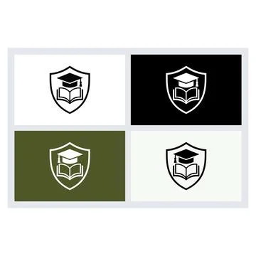 Graduation cap and open book inside a shield emblem icon set Stock Illustration