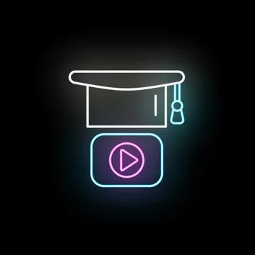 Graduation cap and play button neon icon symbolizing online education video Stock Illustration