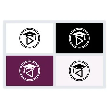 Graduation cap and play button icon set in circular frames Stock Illustration