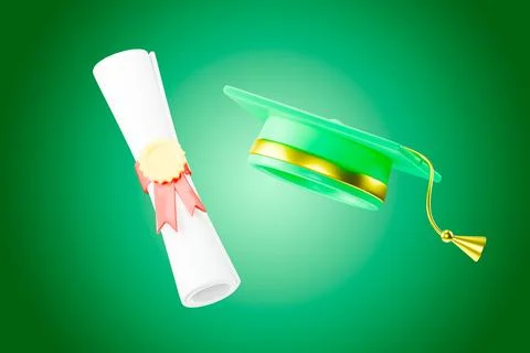 Graduation cap and scroll diploma on green background Stock Illustration