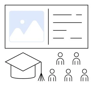 Graduation Cap and Students in Front of Presentation Board with Image and Tex Stock Illustration