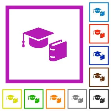Graduation cap with book flat framed icons 스톡 일러스트