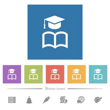 Graduation cap with book flat white icons in square backgrounds Stock Illustration
