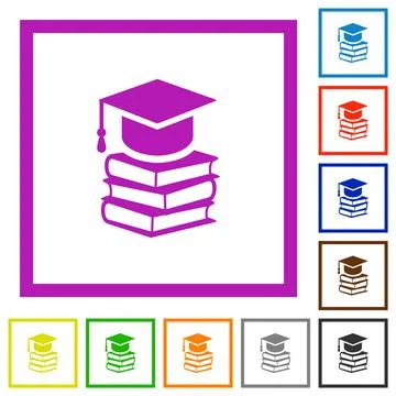 Graduation cap with books flat framed icons Stock Illustration