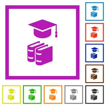 Graduation cap with books flat framed icons Stock Illustration