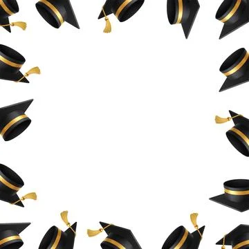 Graduation cap border frame with black mortarboards and golden tassels around Stock Illustration