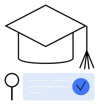 Graduation Cap with Checkmark and Text Line in Blue Box Stock Illustration