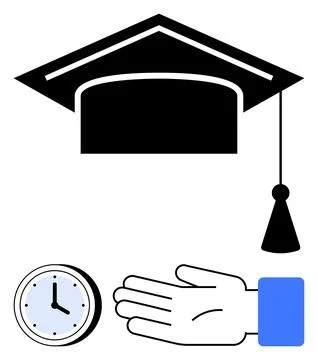 Graduation Cap, Clock, and Hand Symbols Representing Education, Time Manage.. 스톡 일러스트