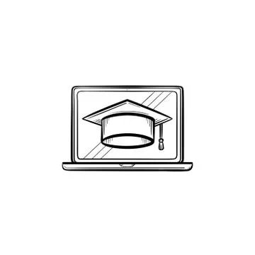 Graduation cap on computer screen hand drawn icon. Illustrazione stock