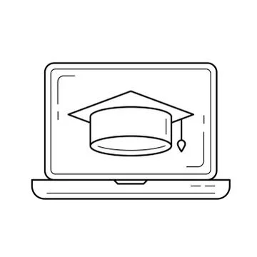 Graduation cap on computer screen vector line icon Stock Illustration