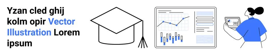 Graduation cap, data analysis chart with graphs, and person holding tablet. I Illustrazione stock