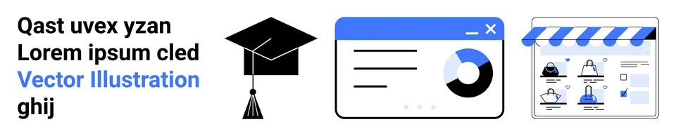 Graduation cap, data analytics dashboard, and online store icons. Ideal for e Stock Illustration