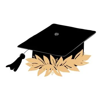 Graduation cap decorated with doodle laurel wreath. Mortarboard, high education Stock Illustration