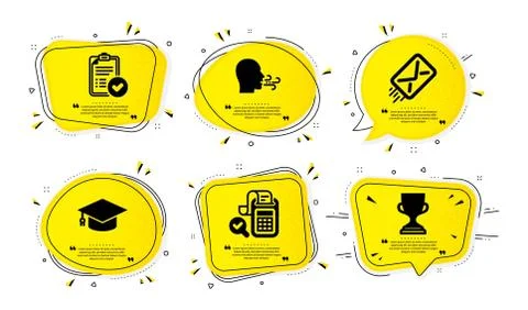 Graduation cap, E-mail and Breathing exercise icons set. Approved report, Bill Illustrazione stock