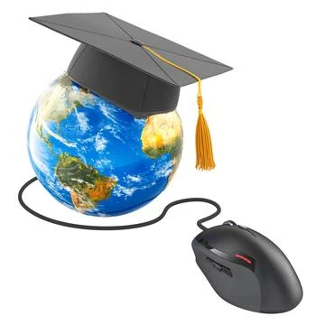 Graduation cap on Earth Globe with computer mouse. Global online education .. Stockillustratie